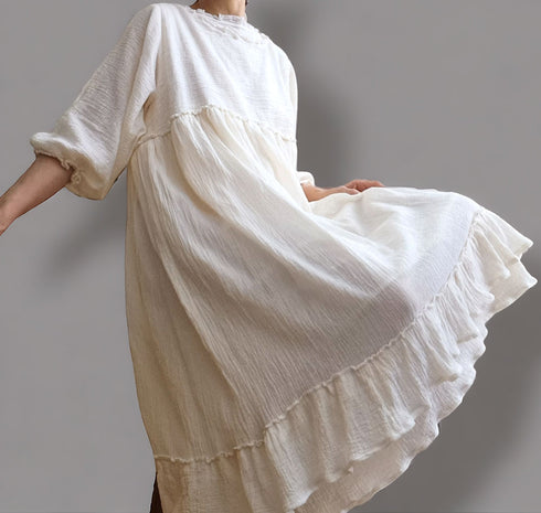Boiled Cotton Ruffle Summer Dress/Beach Dress/Slim Dress for Evening Beach Walk