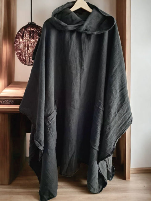 Poncho medieval din țesătură de cânepă. Mantie cu glugă boho.