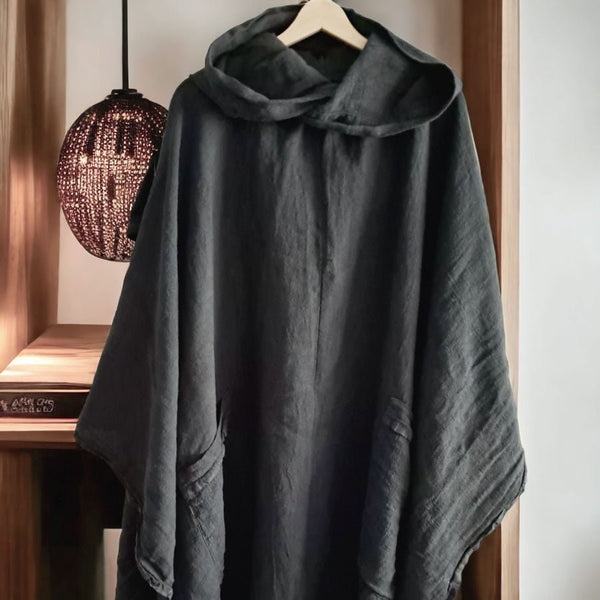Poncho medieval din țesătură de cânepă. Mantie cu glugă boho.
